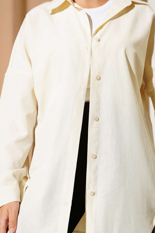 قميص أساسي بأزرار عند الكاحل بلون البيج