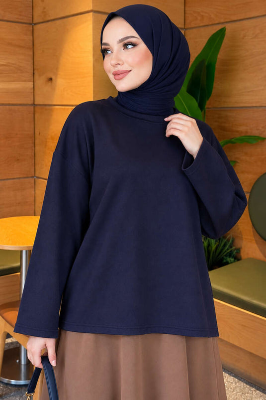 Basic Navy Blue Crew Neck Blouse
