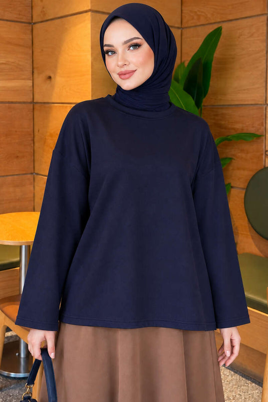 Basic Navy Blue Crew Neck Blouse