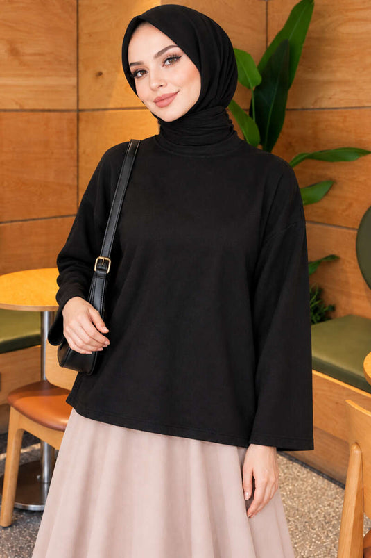 Basic Black Crew Neck Blouse
