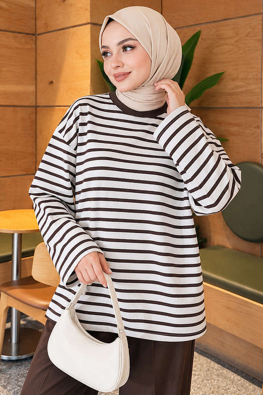 Basic Bisiklet Yaka Çizgili Tunik Kahve