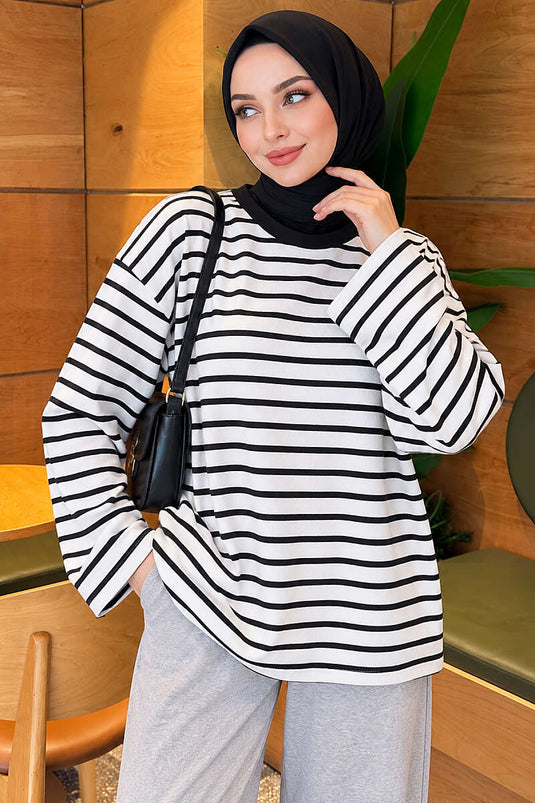 Basic Bisiklet Yaka Çizgili Tunik Siyah