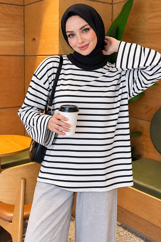 Basic Bisiklet Yaka Çizgili Tunik Siyah