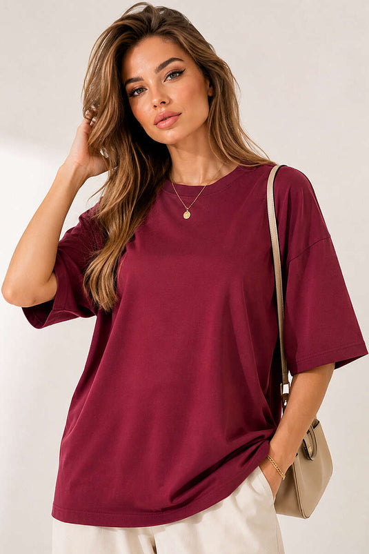 Basic Bisiklet Yaka Detaylı T-shirt Bordo