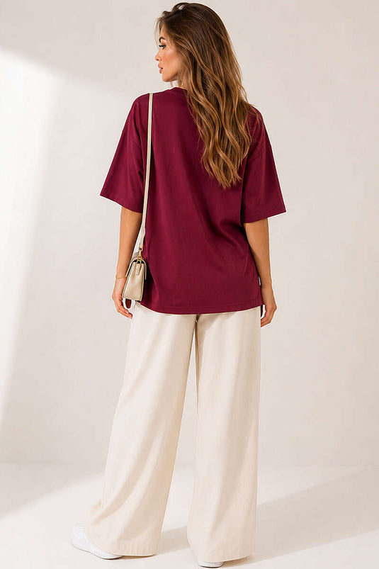 Basic Bisiklet Yaka Detaylı T-shirt Bordo