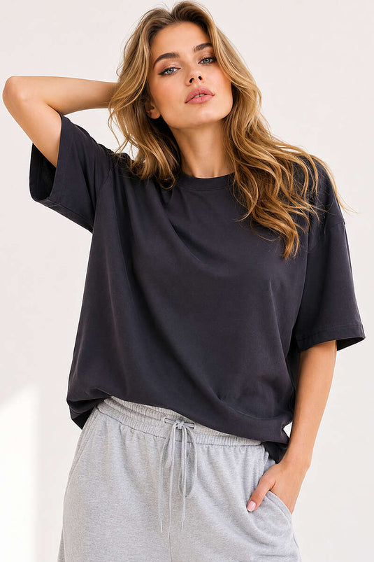 Basic Bisiklet Yaka Detaylı T-shirt Füme