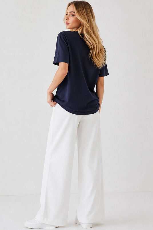 Basic Bisiklet Yaka Detaylı T-shirt Lacivert