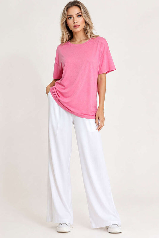 Basic Bisiklet Yaka Detaylı T-shirt Pembe