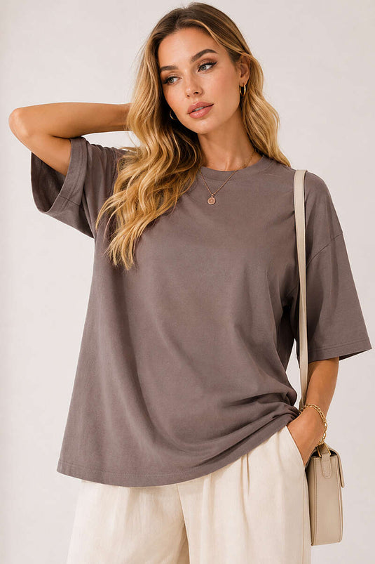 Basic Bisiklet Yaka Detaylı T-shirt Sütlü Kahve
