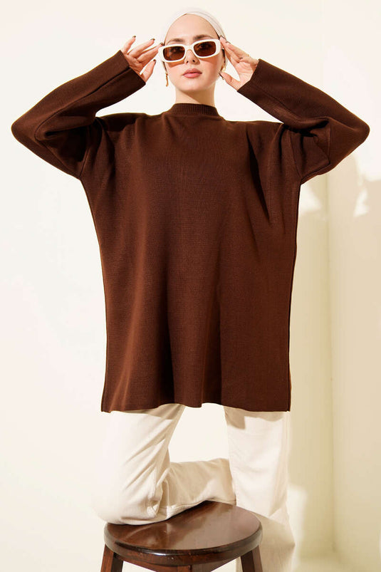 Basic Crew Neck Plain Knit Tunic, Brown