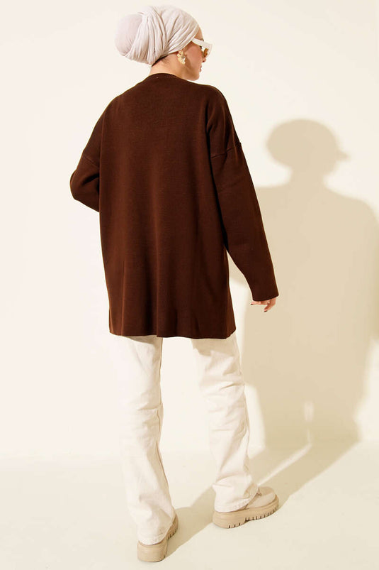Basic Crew Neck Plain Knit Tunic, Brown