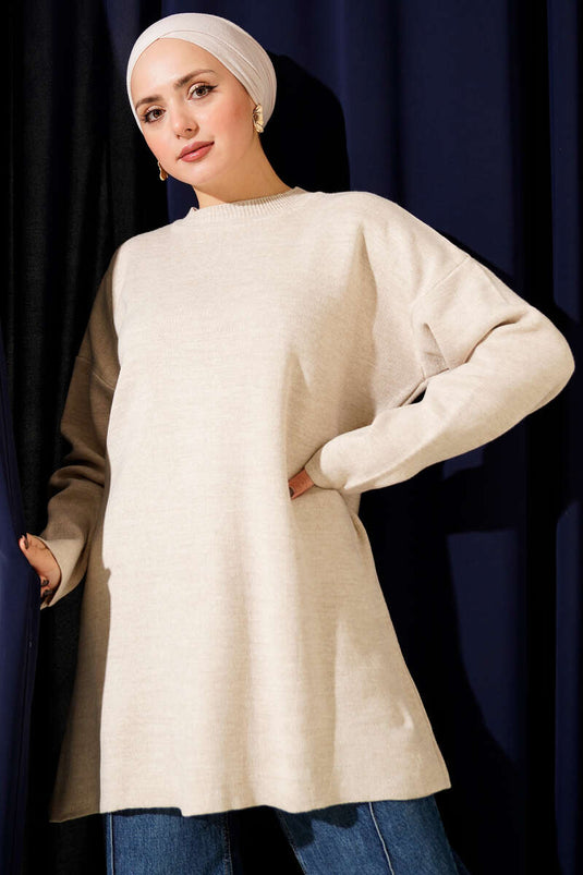 سترة أساسية بياقة دائرية من نسيج محبوك سادة بلون حجري