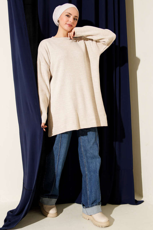 سترة أساسية بياقة دائرية من نسيج محبوك سادة بلون حجري