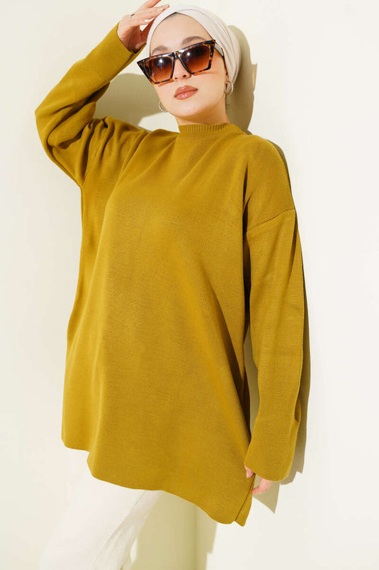 Basic Bisiklet Yaka Düz Triko Tunik Yağ Yeşili