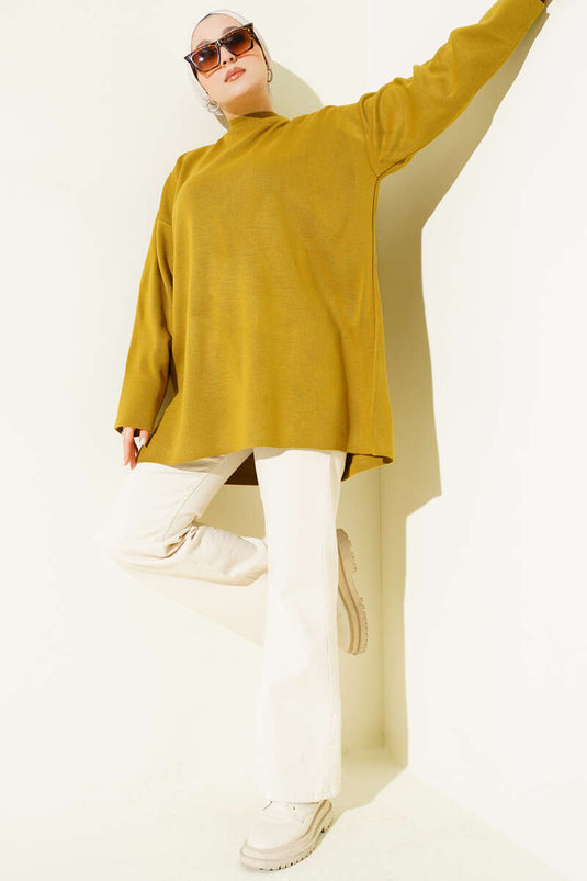 Basic Bisiklet Yaka Düz Triko Tunik Yağ Yeşili