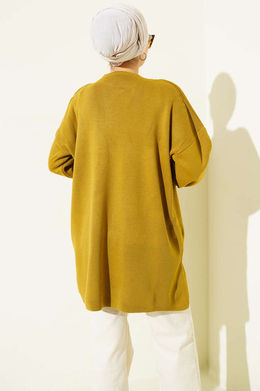 Basic Bisiklet Yaka Düz Triko Tunik Yağ Yeşili