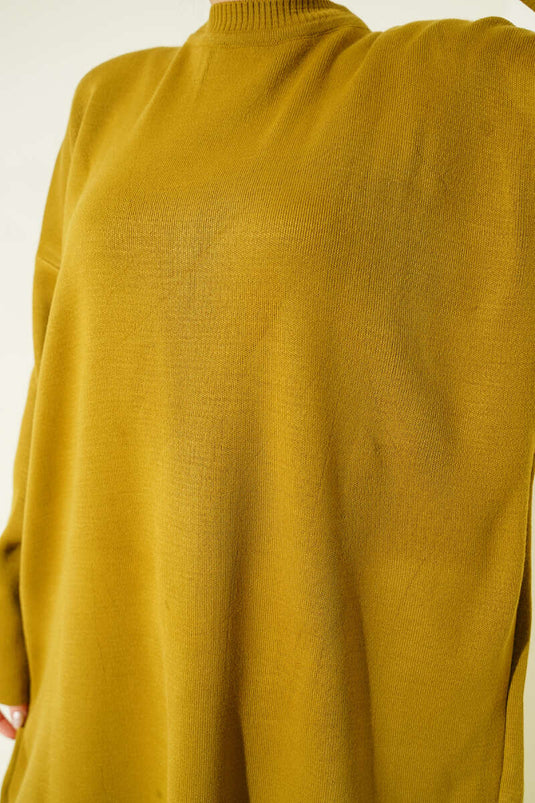 Basic Bisiklet Yaka Düz Triko Tunik Yağ Yeşili