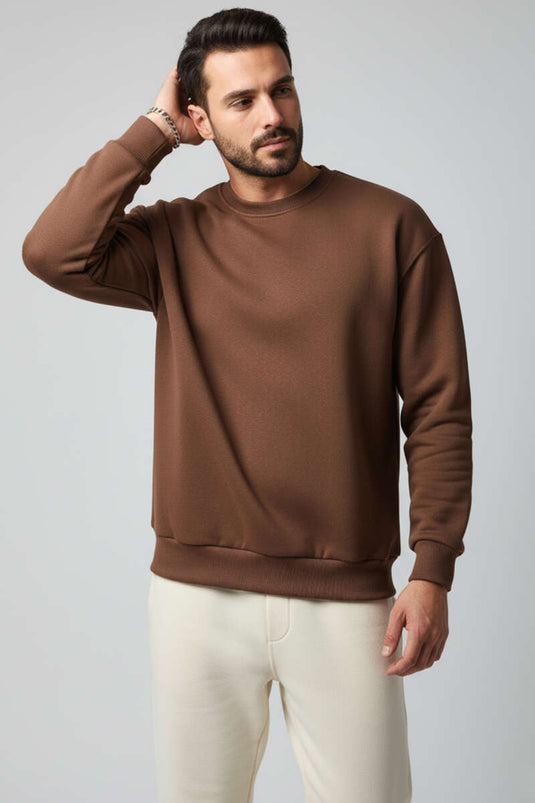 Sweat-shirt basique à col rond pour homme, couleur café