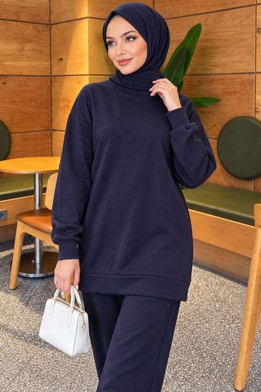 Ensemble Deux Pièces Basic Bleu Marine À Col Rond