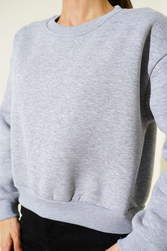 Basic Bisiklet Yaka Üç İp Sweatshirt Gri