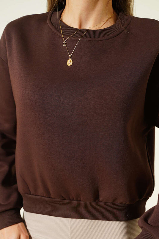 Basic Bisiklet Yaka Üç İp Sweatshirt Kahve