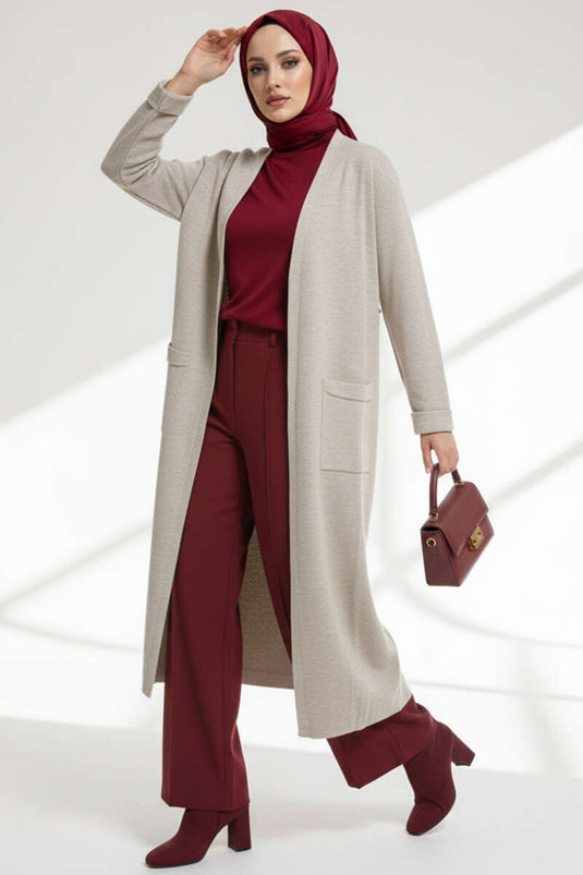 Cardigan long en maille basique à double poche beige