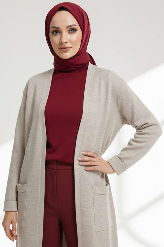 Cardigan long en maille basique à double poche beige