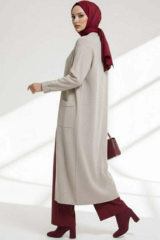 Cardigan long en maille basique à double poche beige