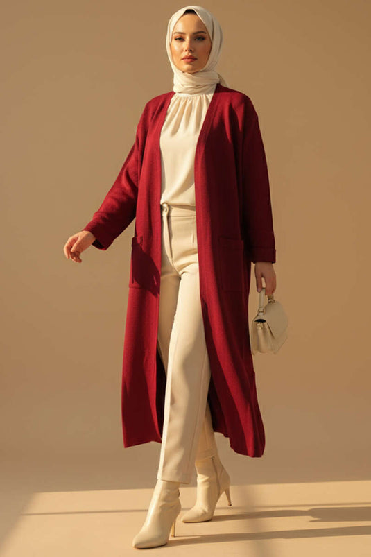 Cardigan long basique en maille à double poche bordeaux