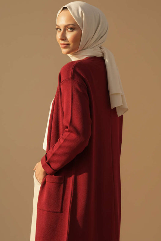 Cardigan long basique en maille à double poche bordeaux