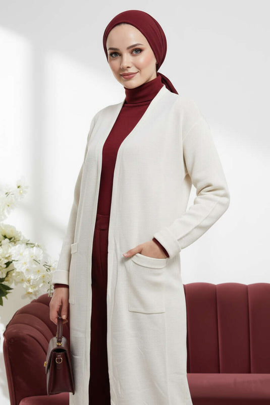 Cardigan long en maille basique à double poche écru