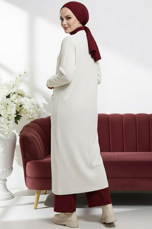 Cardigan long en maille basique à double poche écru