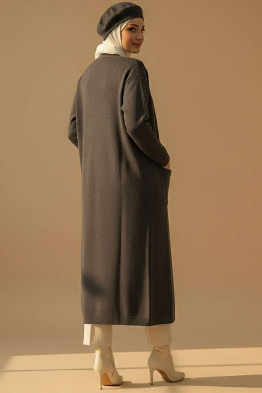 Cardigan long en maille basique à double poche, couleur fumée