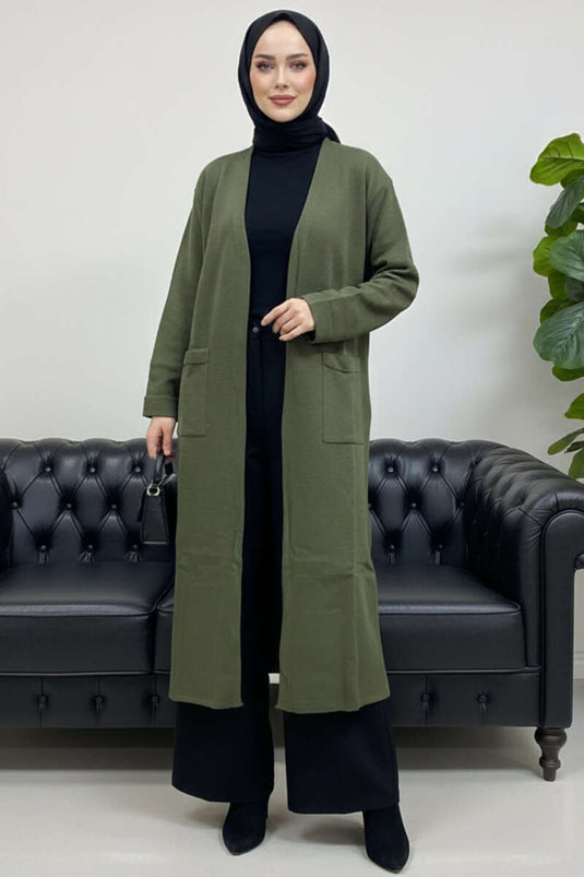 Cardigan long en tricot basique à double poche kaki