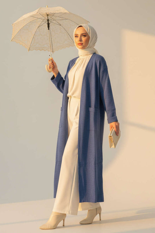 Basic Double Pocket Long Knit Cardigan Indigo