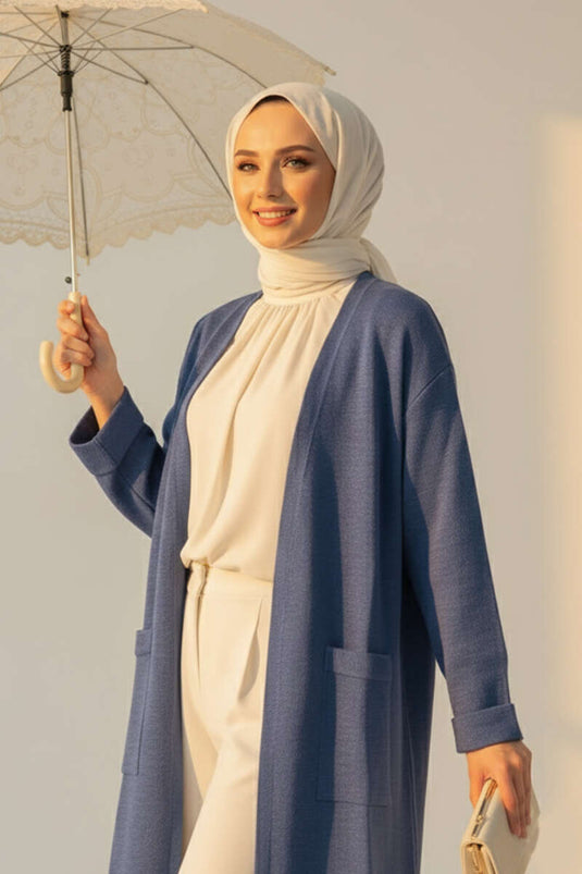 Cardigan long en maille basique à double poche indigo