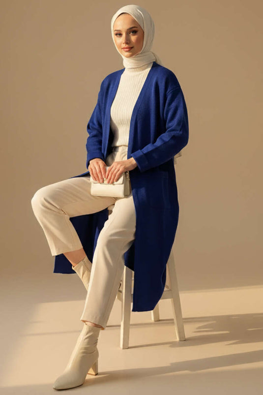 Cardigan long en maille basique à double poche bleu marine