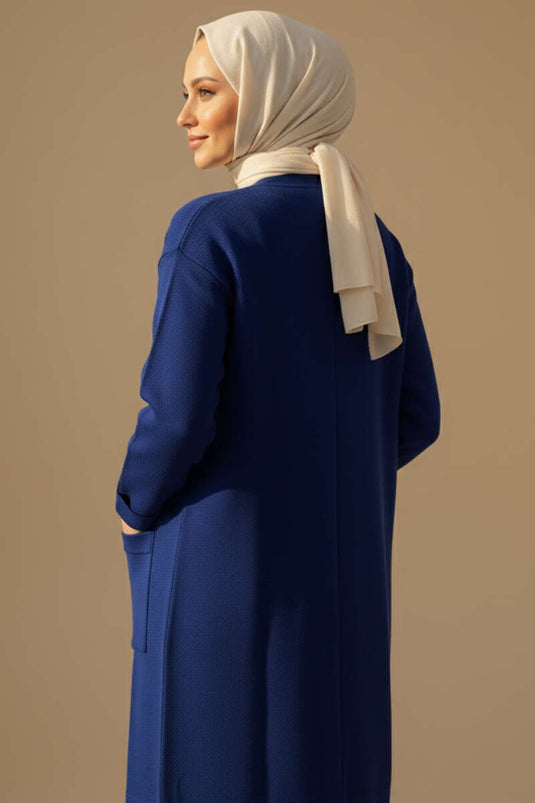 Cardigan long en maille basique à double poche bleu marine