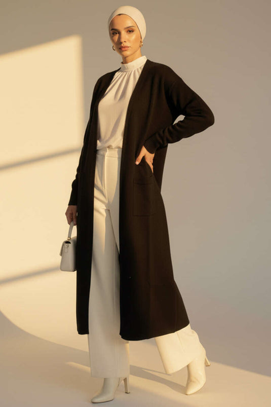 Basic Long Knit Cardigan With Double Pockets Black