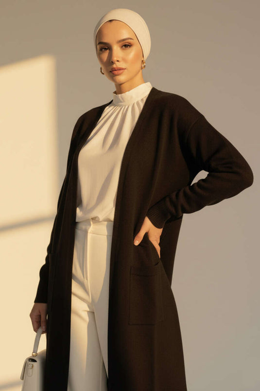 Cardigan long en tricot basique à double poche noir