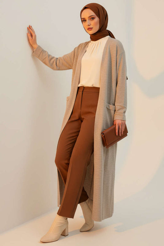 Basic Çift Cepli Uzun Triko Hırka Vizon