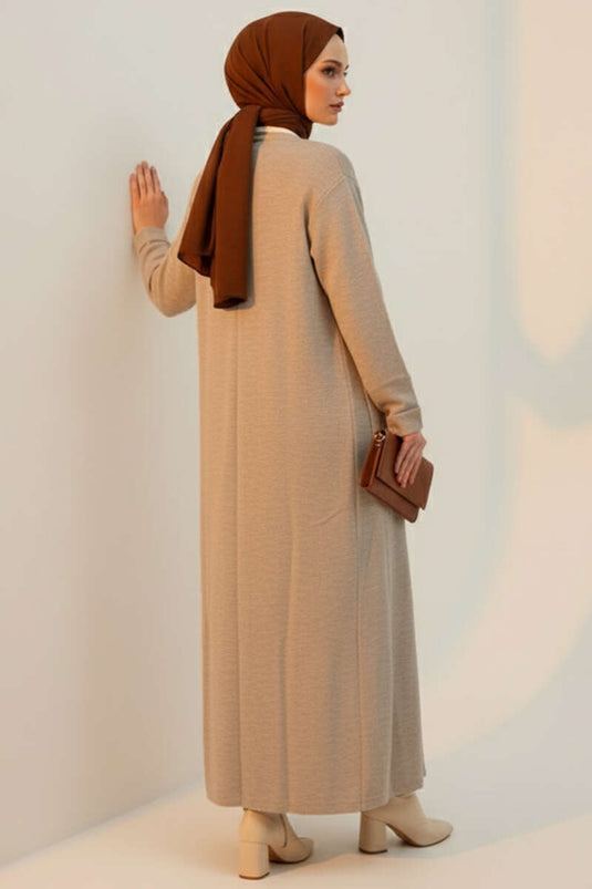 Basic Çift Cepli Uzun Triko Hırka Vizon