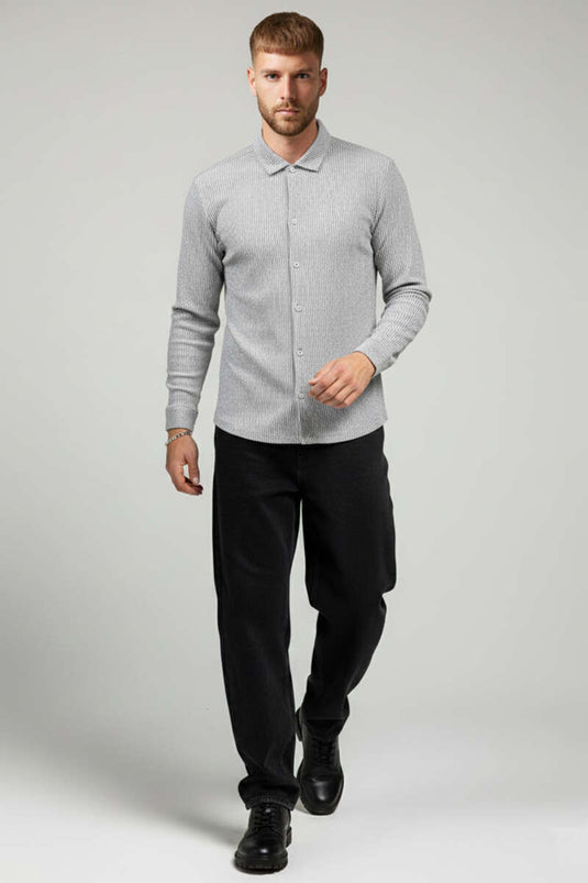 قميص رجالي مخطط أساسي رمادي داكن