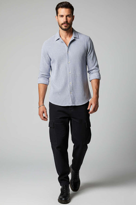 قميص رجالي مخطط أساسي بلون النيلي