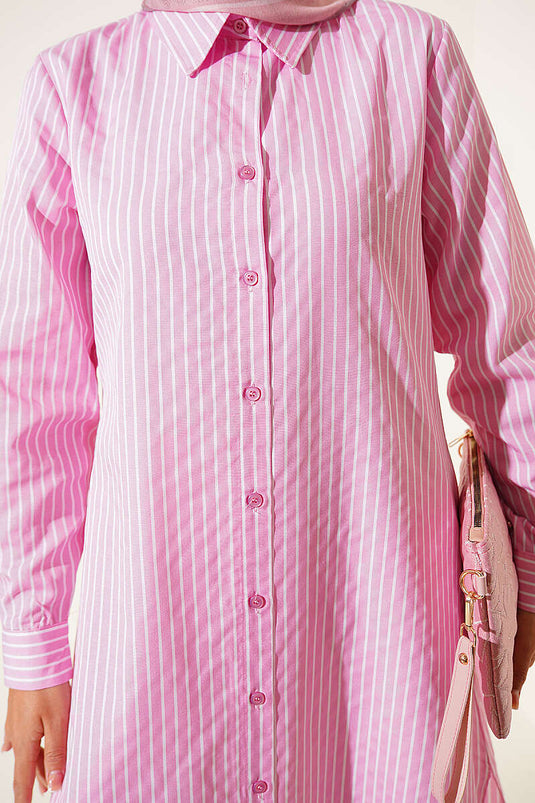 Basic Çizgili Uzun Tunik Pembe