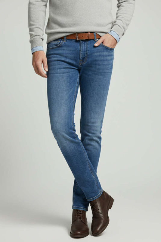 Basic Dar Paça Likralı Erkek Pantolon Mavi