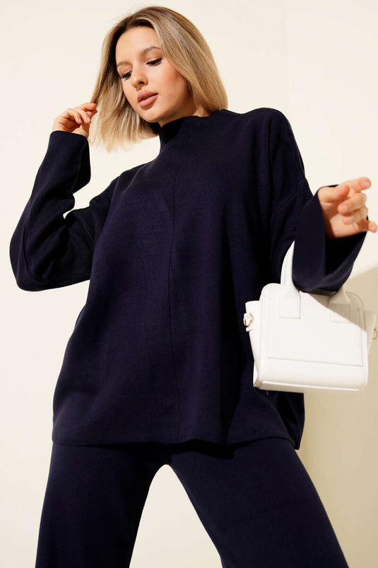 Ensemble deux pièces basique en maille à col montant, bleu marine