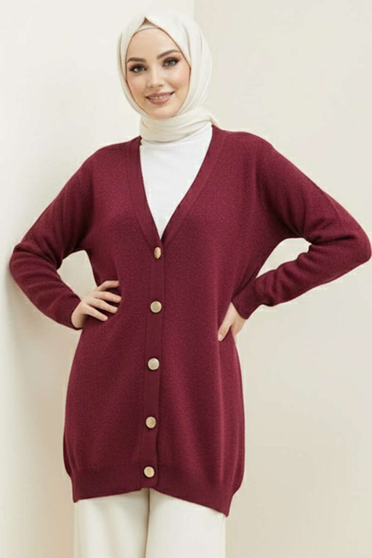 Basic Button Detailed Knit Cardigan Burgundy