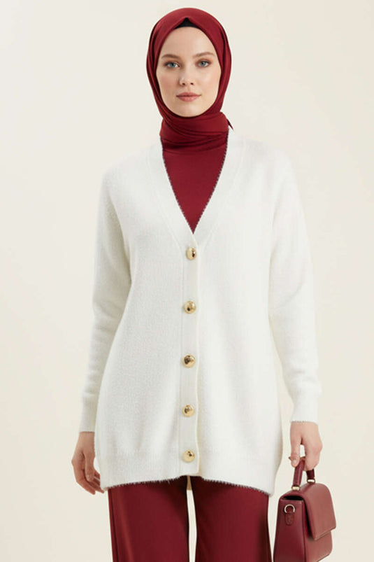 Basic Button Detailed Knitwear Cardigan Ecru