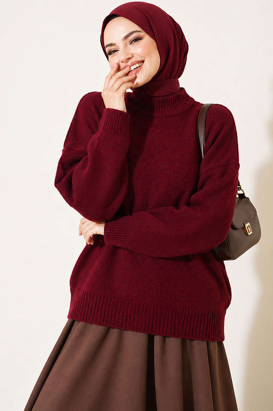 Basic Düşük Kollu Triko Tunik Bordo